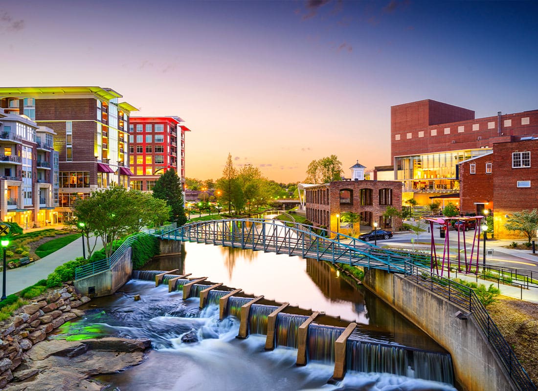 Greenville, SC - Beautiful Scenic View of the Downtown Greenville, South Carolina Cityscape